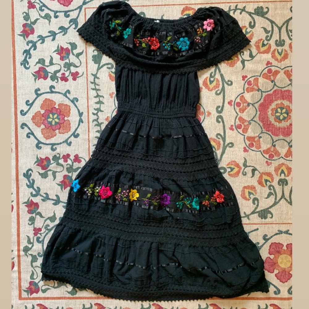 black embroidered tiered dress